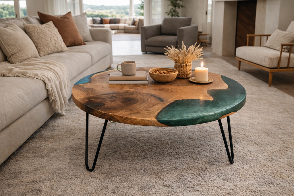 Blue & Green Epoxy Walnut Wood Round Coffee Table