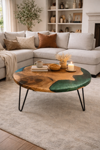 Blue & Green Epoxy Walnut Wood Round Coffee Table
