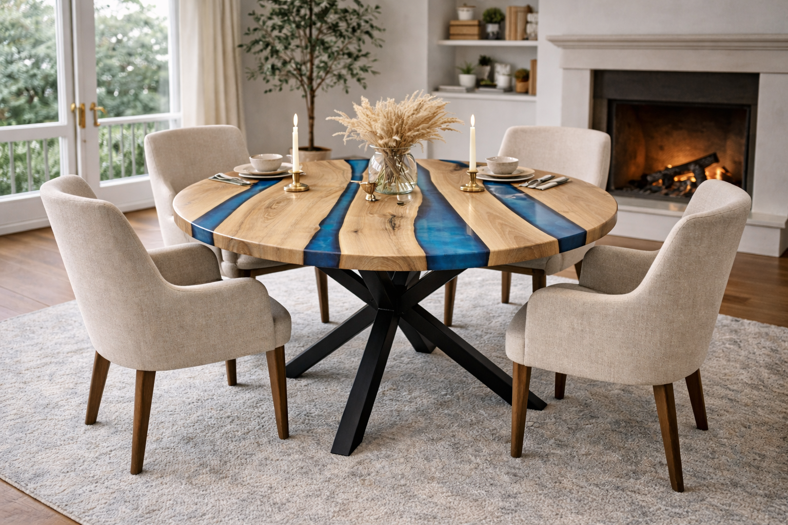 Blue Epoxy Walnut Wood Round Coffee Table Secondary image