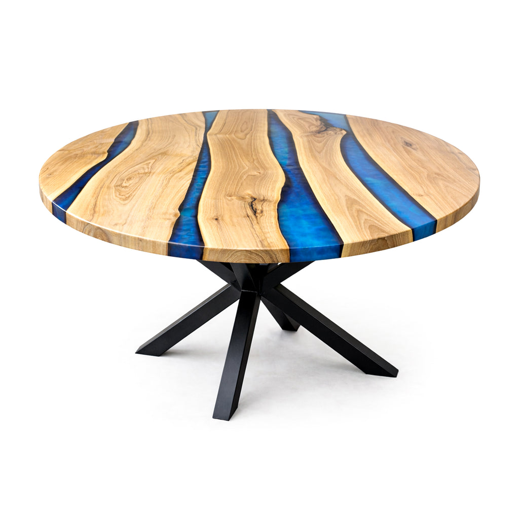 Blue Epoxy Walnut Wood Round Coffee Table