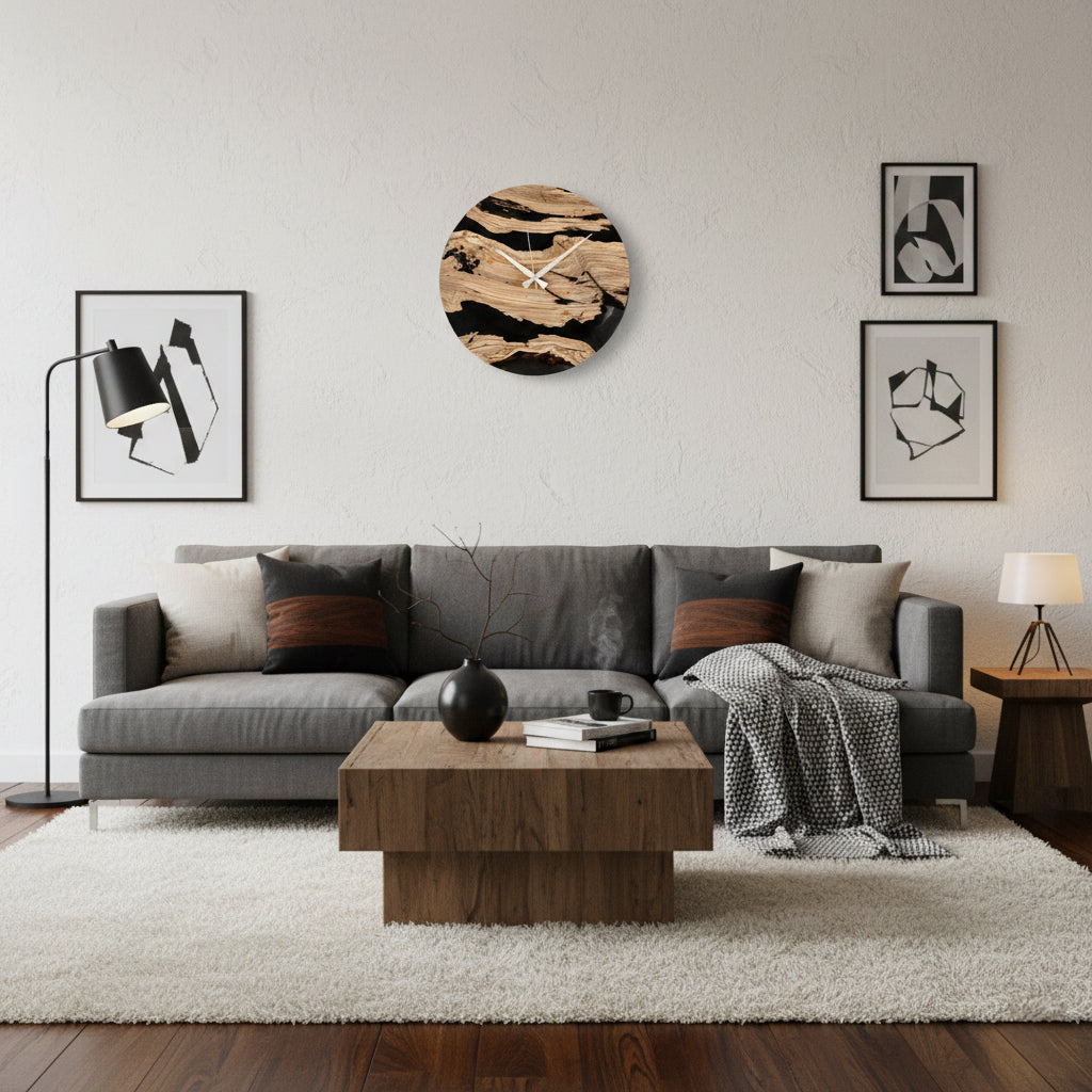 Smoky Black Epoxy Olive Wood Wall Clock Secondary image