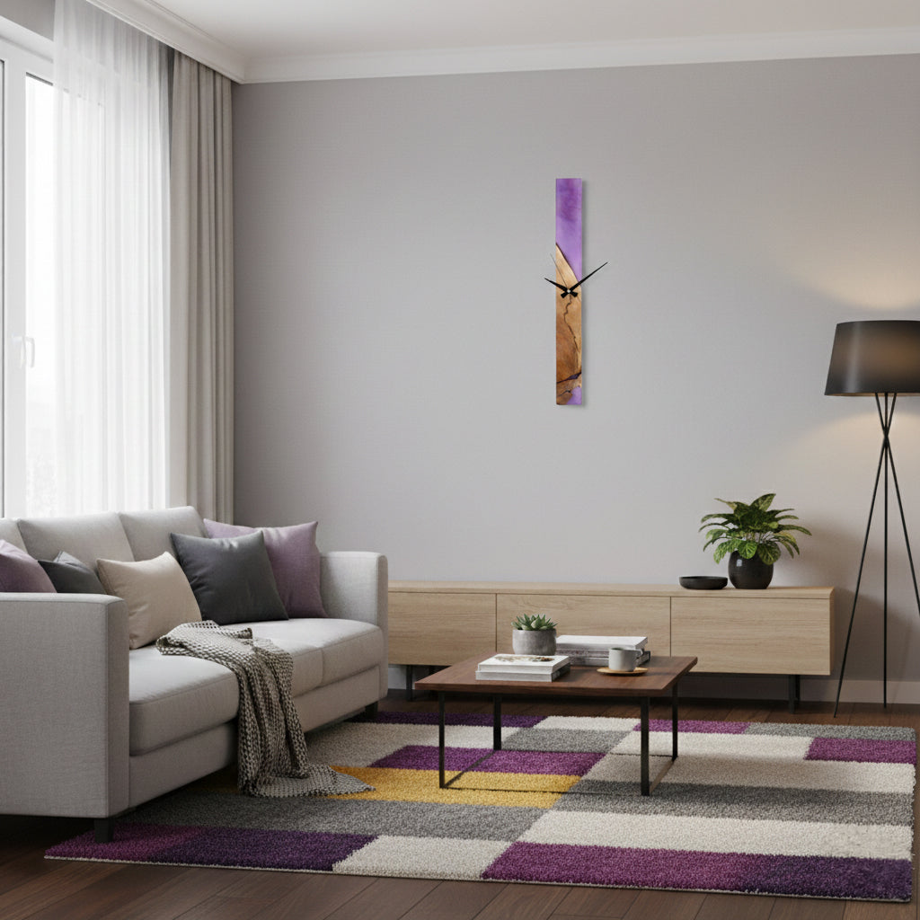 Purple Epoxy Walnut Wood Linear Wall Clock